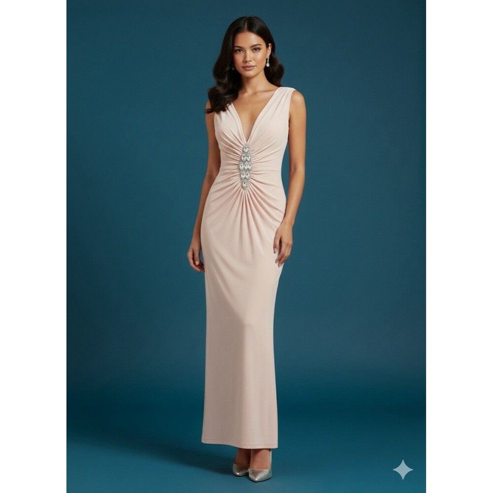 Marina Blush Formal Gown Sz 6 Ruched Crystal Embellished Evening Dress